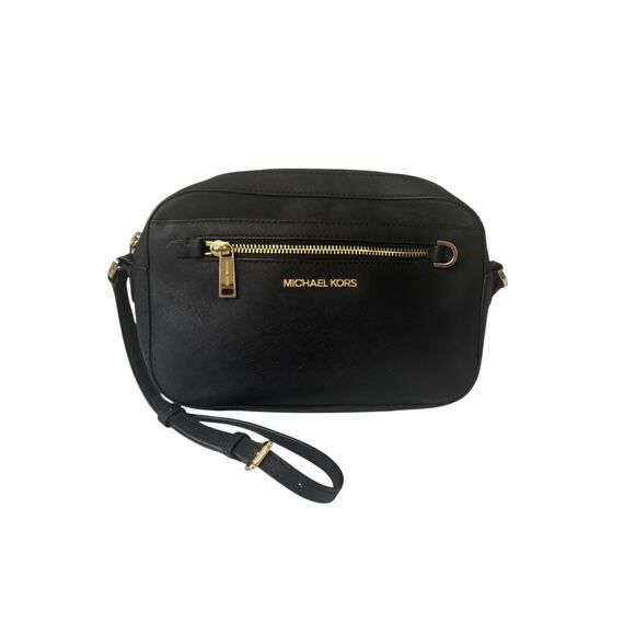 Michael Kors Jet Set Large Saffiano Leather Crossbody Bag Black Gold 35S1GTTC7L - Picture 16 of 16